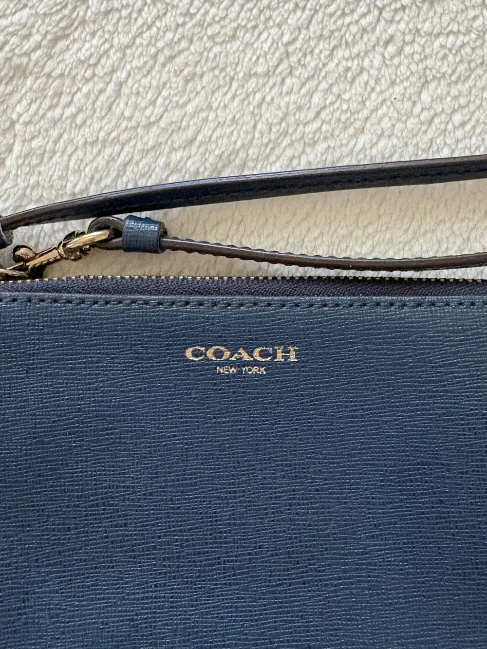COACH Navy Leather Wristlet with Gold Hardware